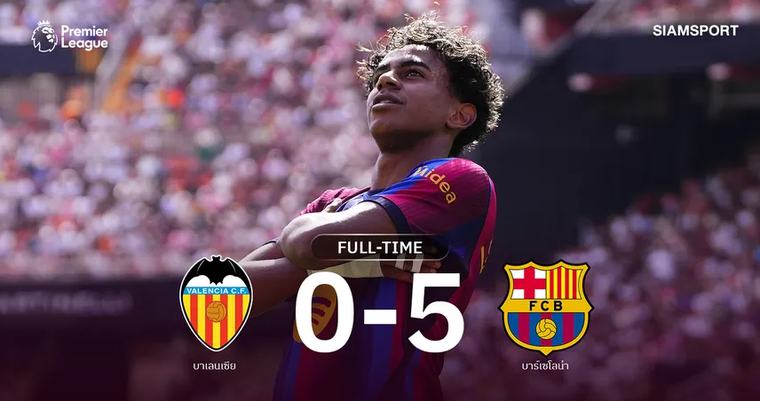 ฟุตบอลต่างประเทศ ผลบอล บาเลนเซีย 0-5 บาร์เซโลน่า : ยามาล กดเบิ้ล! เจ้าบุญทุ่มเฮ 4 นัดรวดยึดฝูงต่อ